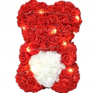 Miś z Płatków Róż Czerwony LED – Elegancki Prezent na Walentynki