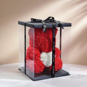 Miś z Płatków Róż Czerwony LED – Elegancki Prezent na Walentynki